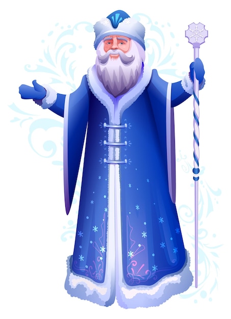 Russischer oder ukrainischer weihnachtsmann-großvater frost im blauen kleiderständer mit eisstab