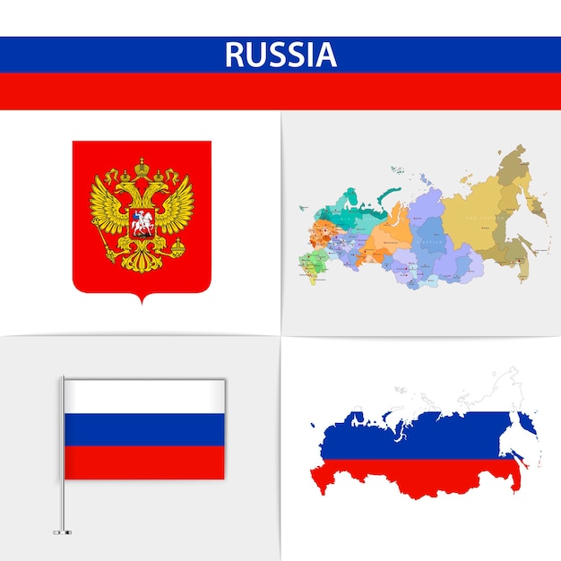 Russland-flaggenkarte und wappen