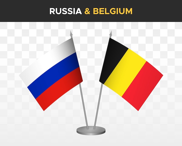 Russland vs. Belgien Tischflaggen Mockup isoliert auf weißer 3D-Vektorillustration Russische Tischflaggen