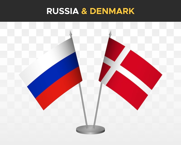 Russland vs. dänemark tischflaggen mockup isoliert auf weißer 3d-vektorillustration russische tischflaggen
