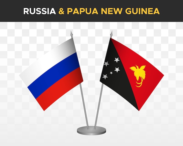 Russland vs. papua-neuguinea tischflaggen mockup isolierte 3d-vektorillustration russische tischflaggen