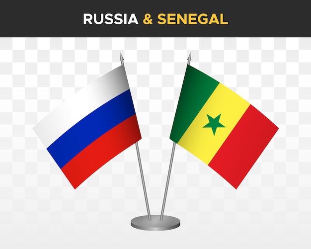 Russland vs. senegal tischflaggen mockup isoliert auf weißer 3d-vektorillustration russische tischflaggen