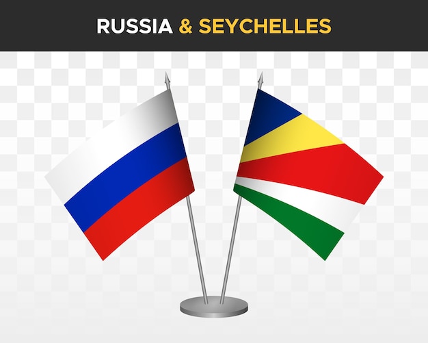 Russland vs. seychellen tischflaggen mockup isoliert auf weißer 3d-vektorillustration russische tischflaggen