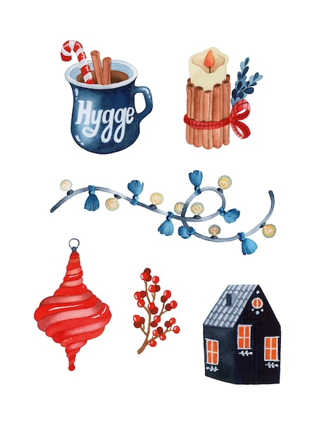 Rustikale Aquarellelemente der Weihnachtshygge setzen