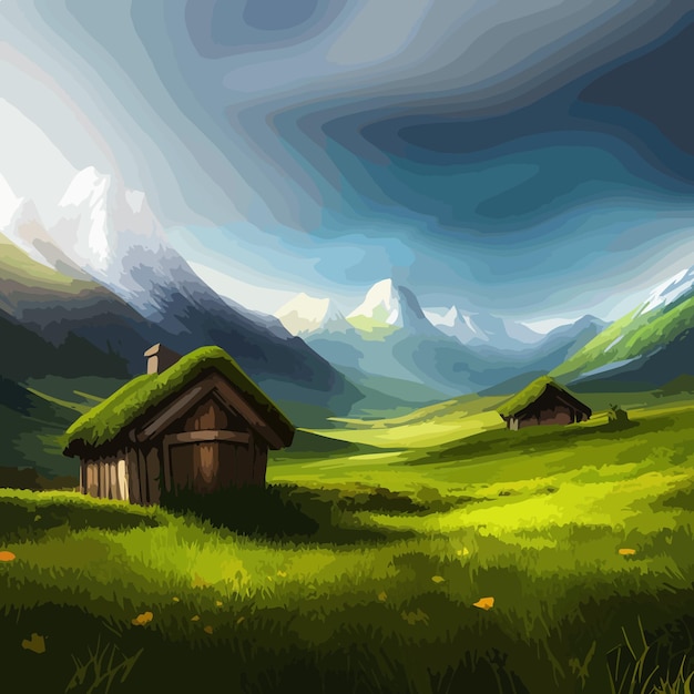 Rustikale Hütte auf einem grünen Wiesenberg mit Sonnenuntergang Himmel Vektor-Illustration Vektor-illustration