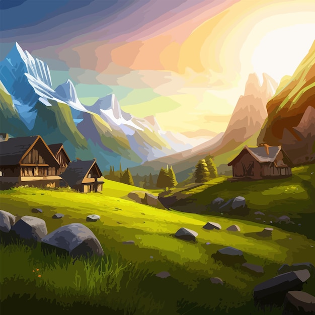 Rustikale Hütte auf einem grünen Wiesenberg mit Sonnenuntergang Himmel Vektor-Illustration Vektor-illustration