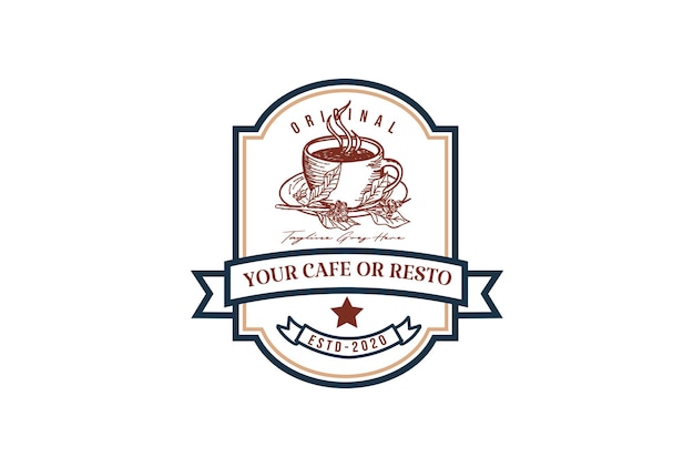 Rustikale retro-vintage-kaffeetasse für café-restaurant oder produktetiketten-logo-design-vektor