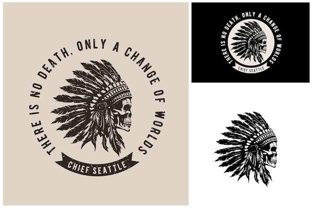 Rustikaler amerikanischer ureinwohner-schädel mit kopfschmuck, vintage-indianerstamm-häuptling, der ein silhouette-logo zeichnet
