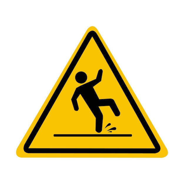Rutschiger nasser Boden. Der fallende Mann ist auf dem gelben Dreieck hervorgehoben. Vorsicht und Warnung.
