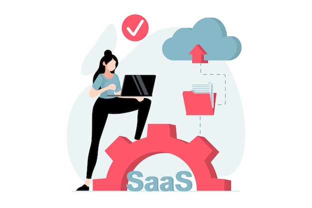 SaaS-Konzept mit People-Szene in flachem Design Frau, die mit Software arbeitet, indem sie ein Abonnement mit Cloud-Speicher und Datendateiaustausch kauft Vektorillustration mit Charaktersituation für das Web