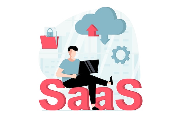 SaaS-Konzept mit Personenszene in flachem Design Mann, der mit Dateien arbeitet, tauscht Daten hoch und herunter und kauft Softwareabonnements Vektorillustration mit Zeichensituation für das Web