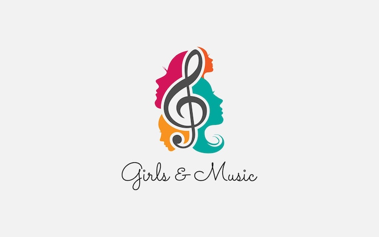 Vektor sänger vocal karaoke, chor mit musiknoten violinschlüssel - singing woman face silhouette logo-design