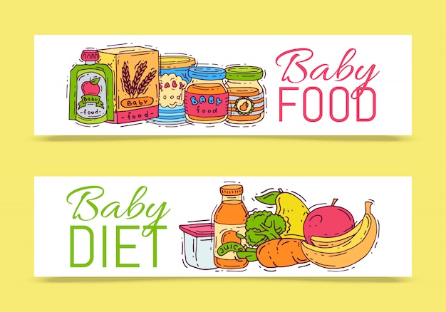 Säuglingsnahrungsmittelpüree-vektorillustration. ergänzungsfuttermittel und ernährung für kinder. babyflaschen, gläser und gemüse. erste mahlzeit produktvorlagen für flyer