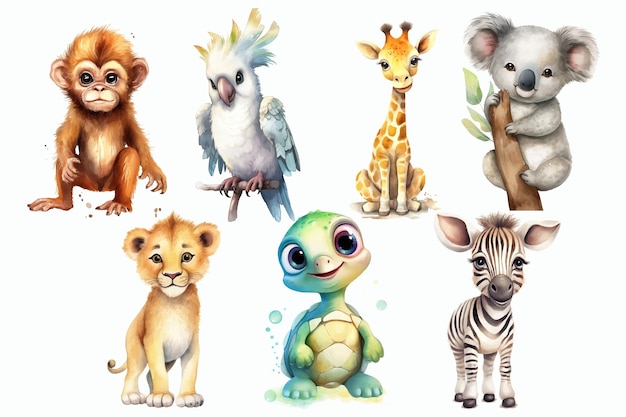 Safari animal set affe papagei giraffe koala löwe schildkröte zebra im 3d-stil isolierte vektorillustration