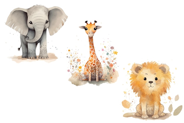 Safari Animal Set Elefant Giraffe Löwe im 3D-Stil Isolierte Vektorillustration