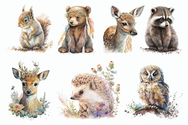 Safari Animal Set Hirsch Fuchs Waschbär Igel Eichhörnchen Bär im Aquarell-Stil Isolierte Vektorillustration