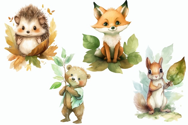 Safari Animal Set Igel Fuchs Bär und Eichhörnchen im 3D-Stil Isolierte Vektorillustration