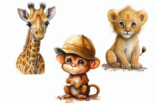 Vektor safari animal set löwe giraffe und affe im 3d-stil isolierte vektorillustration