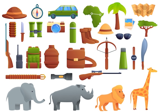 Safari-ausrüstungsset im cartoon-stil