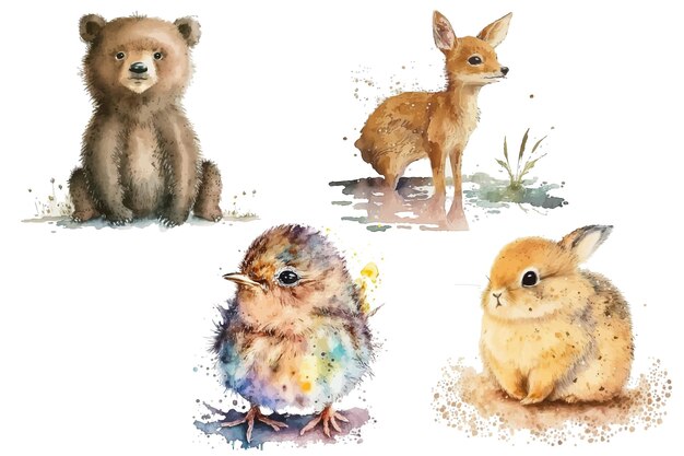 Vektor safari-tier-set, hirsch, vogel, bär, kaninchen, fichte im aquarell-stil, isolierte vektorillustration