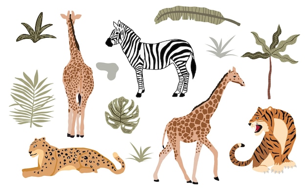 Vektor safari-tierobjektsammlung mit leopard, tiger, zebra, giraffe. illustration für symbol, aufkleber, bedruckbar