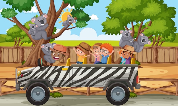 Safariszene mit kindern auf touristenauto, die koalagruppe beobachten