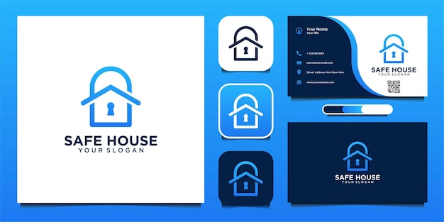 Safe-house-logo-design mit vorhängeschloss und visitenkarte