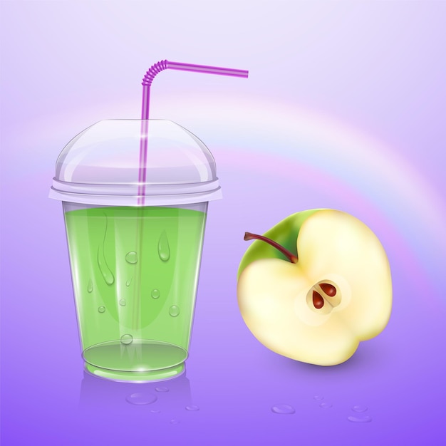 Saft, smoothie-tasse, 3d-illustration. realistischer plastikbecher mit apfelsaft