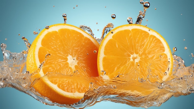 Saftige frische orangen spritzer orangensaft orangenstücke in spritzen wasser saftige zitrusfrüchte