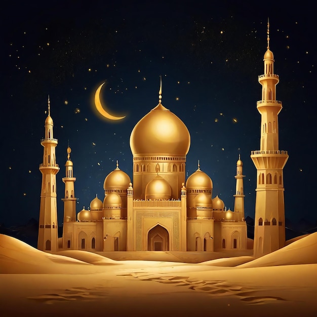 Sahara-wüste der schönen goldenen moschee nacht hintergrund für eid mubarak