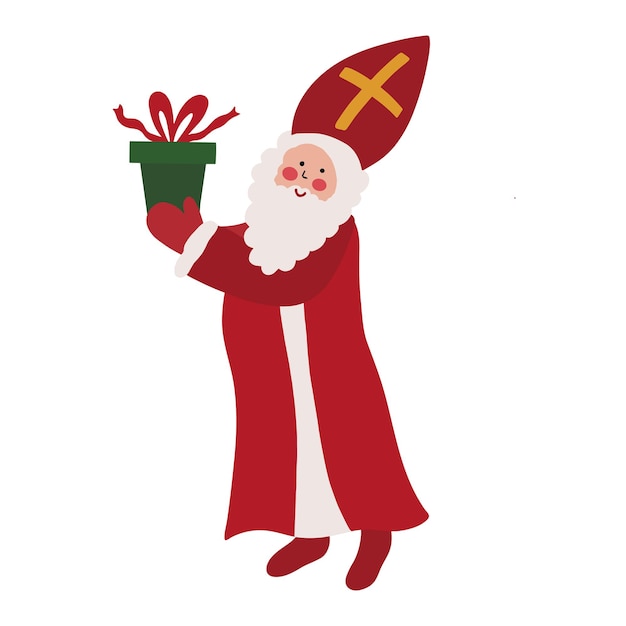 Vektor saint nicholas sinterklaas holländischer weihnachtsmann alter mann mit bart im roten mantel und mitra mit geschenk