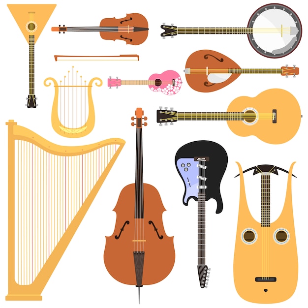 Vektor saitenmusikinstrumente setzen klassisches orchesterkunst-klangwerkzeug und akustische symphonie saitengeigenholzausrüstung.