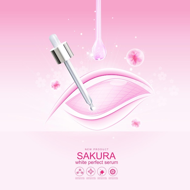 Vektor sakura flower white perfect serum oder collagen vitamin vector für kosmetische hautpflegeprodukte