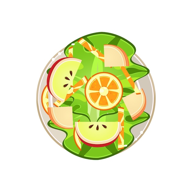 Salat mit Orangen und Apple servierte Speisen. Bunte Vektorillustration