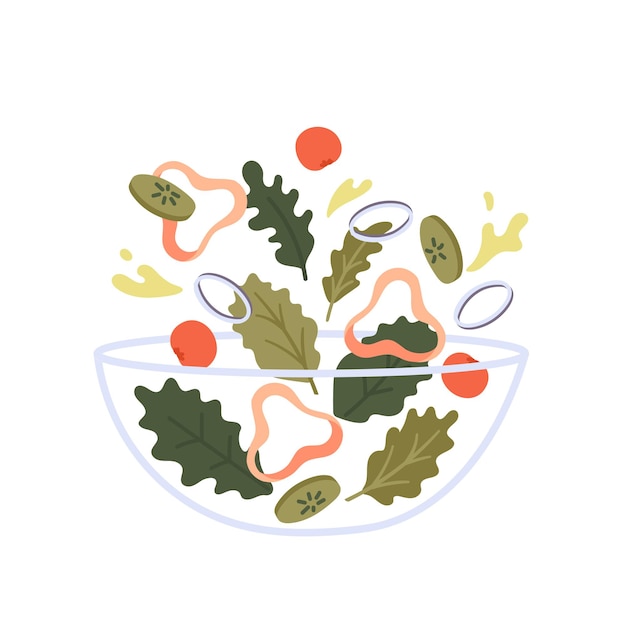 Salatschüssel mit grüns und gemüse lokalisiert auf weißem hintergrund. frisches gemüse, veganes mittagessen. gesunde lebensmittelzutaten. cartoon-vektor-illustration