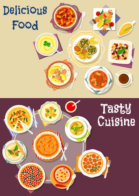 Salatsuppe und Konditorei-Icon-Set-Design