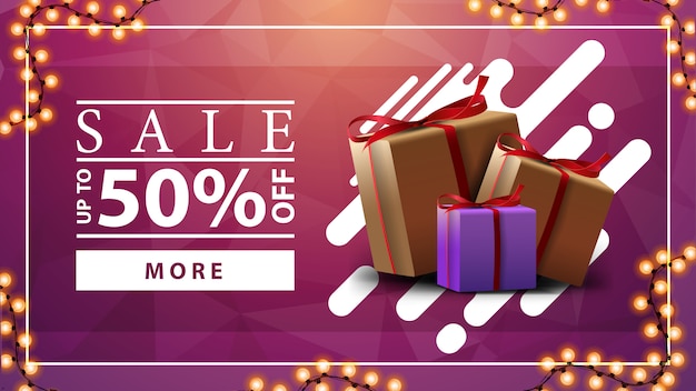 Sale, bis zu 50% rabatt, rosa horizontale rabatt-banner mit girlande und geschenkboxen