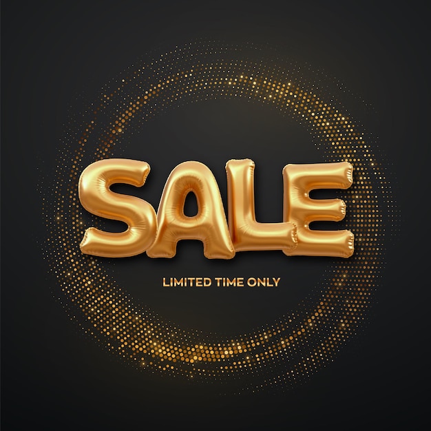 Sale golden sale folienballon wort auf schimmerndem hintergrund hochdetaillierte 3d-heliumballons, die gold bilden wort sale bursting kulisse mit glitzerndem rabatt und werbung vektor-illustration