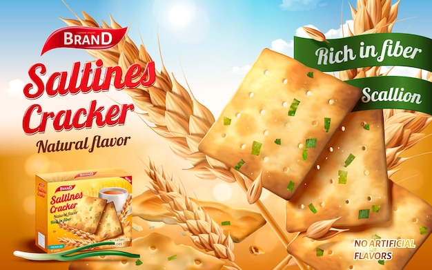 Saltines cracker anzeigen, leckere saltines in salz- und frühlingszwiebelgeschmack mit zutaten auf bokeh hintergrund isoliert