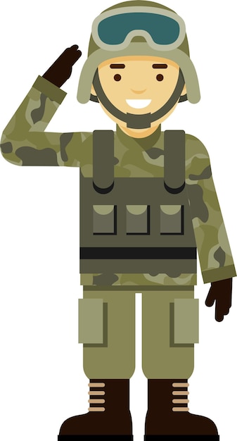 Vektor salutierender junger soldat in getarnter militäruniform und flachem helm