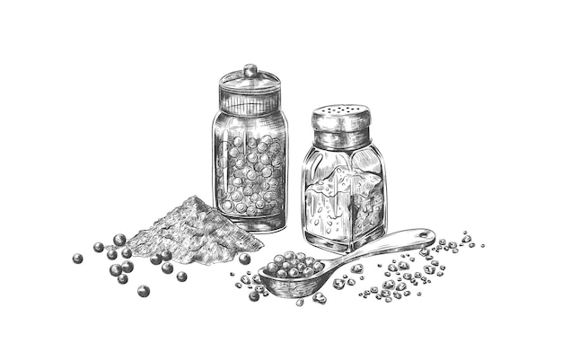 Salz und pfeffer handgezeichnete mühlen mit gewürzen für das restaurantmenü isolierte flaschen für scharfen geschmack kulinarisches pulver schwarz-weiß-skizze von gewürz und löffel vektorwürziges set