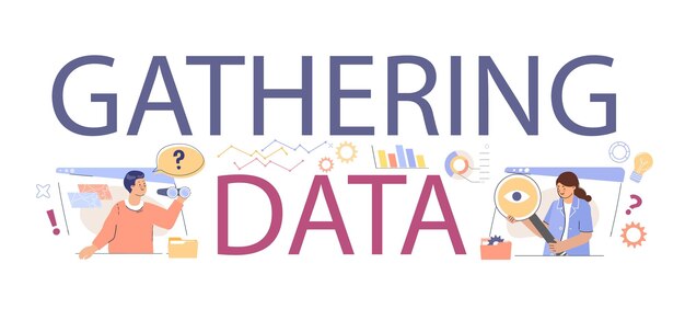 Vektor sammeln von daten, flacher text mit großen buchstaben und kleinen menschlichen zeichen, sammeln und analysieren von geschäftsinformationen, vektorillustration