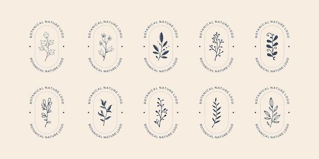 Sammlung botanischer natur-logo-vorlage. handgezeichnetes feminines blumenbündel, ornamentlogos.