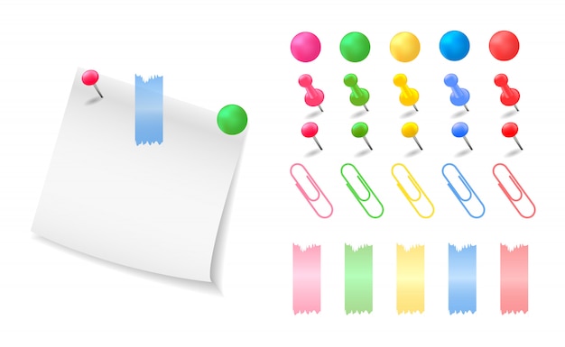 Sammlung bunte Knöpfe, Stifte und Clips. Papiernotiz. Illustration.
