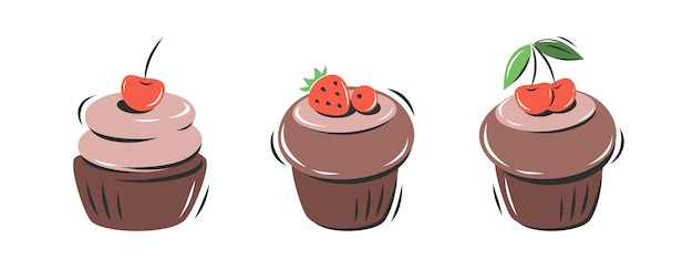 Sammlung Cupcakes mit Beeren. Muffin-Set. Vektorillustration für Logo, Menü, Rezeptbuch