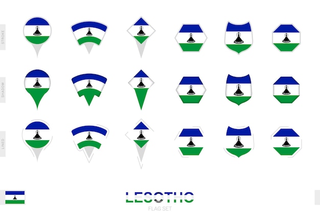 Sammlung der flagge von lesotho in verschiedenen formen und mit drei verschiedenen effekten