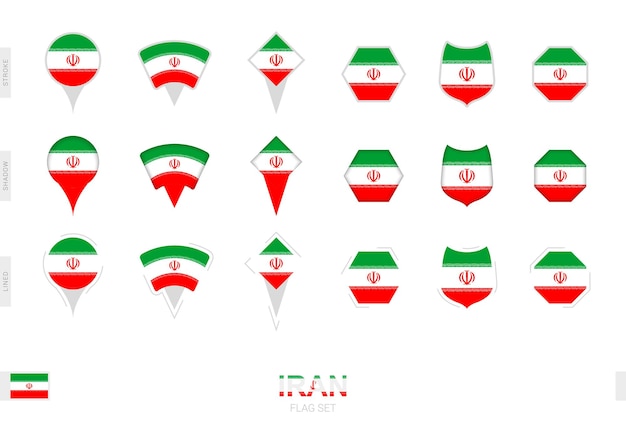 Sammlung der iranischen flagge in verschiedenen formen und mit drei verschiedenen effekten