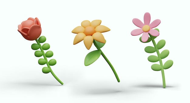 Sammlung detaillierter 3D-Blumen in geneigter Position Vektor niedliche Modelle in verschiedenen Farben