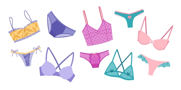 Sammlung eleganter Damenunterwäsche Trendige Unterwäsche Satz BH Hose Bikini Farbige Sammlung von Unterwäschern Vektor-Illustration