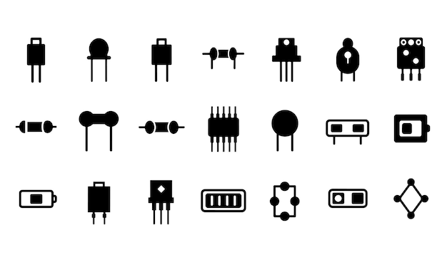 Sammlung elektronischer Komponenten Ikonen Widerstand Transistor Diode Mikrochip Kondensator Elemente